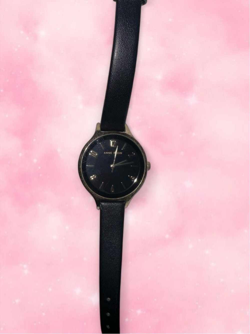 Anne Klein Black and Gold Women's Leather-Strap Watch
